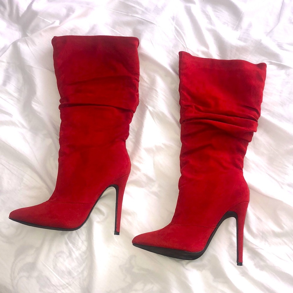 Fashion nova red ruched suede look boots